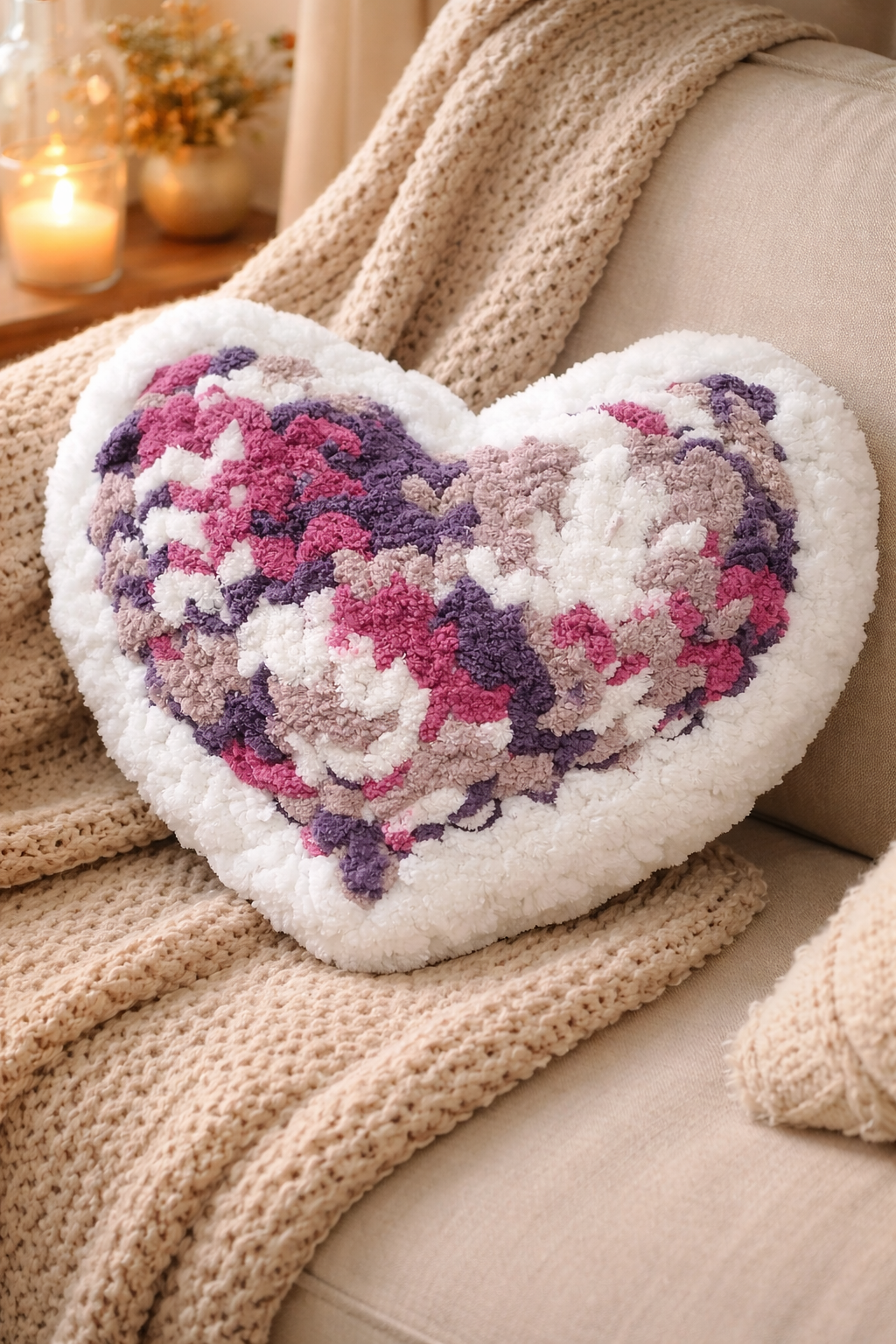 Heart-shaped multi color pillow on cozy chair