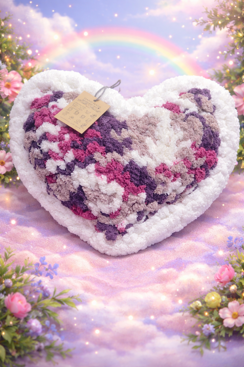 Heart-shaped knitted pillow with a rainbow and flowers in the background